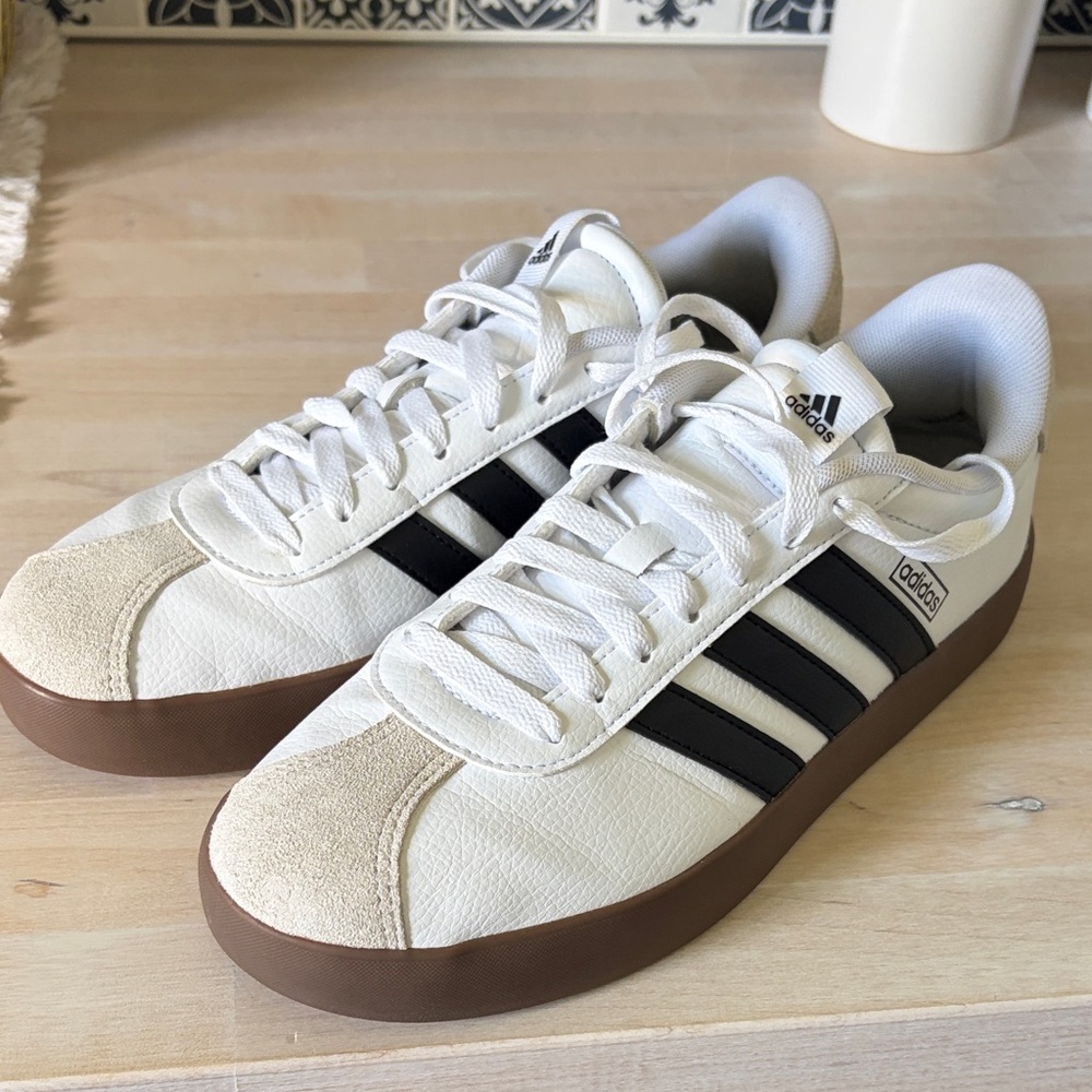Adidas White Sneakers with Black Stripes and Brown Gum Sole